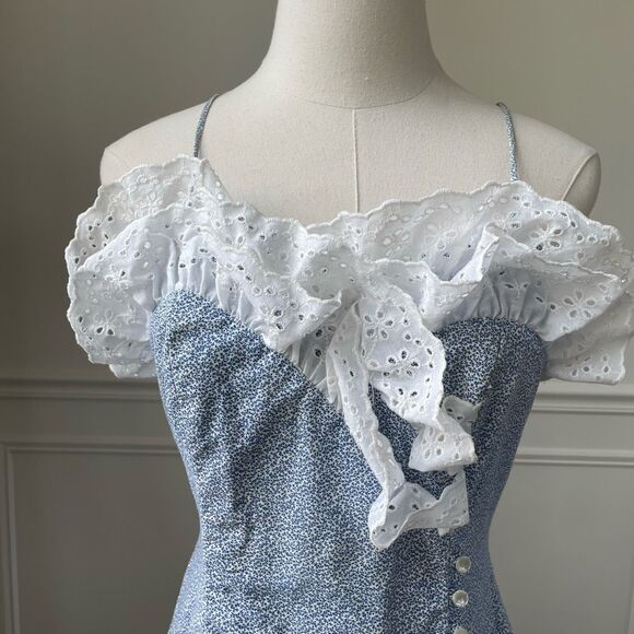 Vintage 80s Sweetheart Midi Fit Flare Romantic Feminine Dress Blue White Lace S - Picture 2 of 10